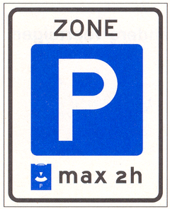 Verkeersbord E10: Parkeerschijf-zone met verplicht gebruik van parkeerschijf, tevens parkeerverbod indien er langer wordt geparkeerd dan de parkeerduur die op het bord is aangegeven
