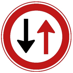 Verkeersbord F5: Verbod voor bestuurders door te gaan bij nadering van verkeer uit tegengestelde richting