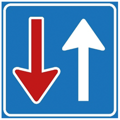 Verkeersbord F6: Bestuurders uit tegengestelde richting moeten verkeer dat van deze richting nadert voor laten gaan