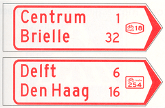 Verkeersbord K7: Wegwijzer voor fietsers en bromfietsers (handwijzer), met lokaal doel, interlokaal doel, stedelijk fietsroutenummer (boven), en met interlokale doelen en interlokaal fietsroutenummer (onder)