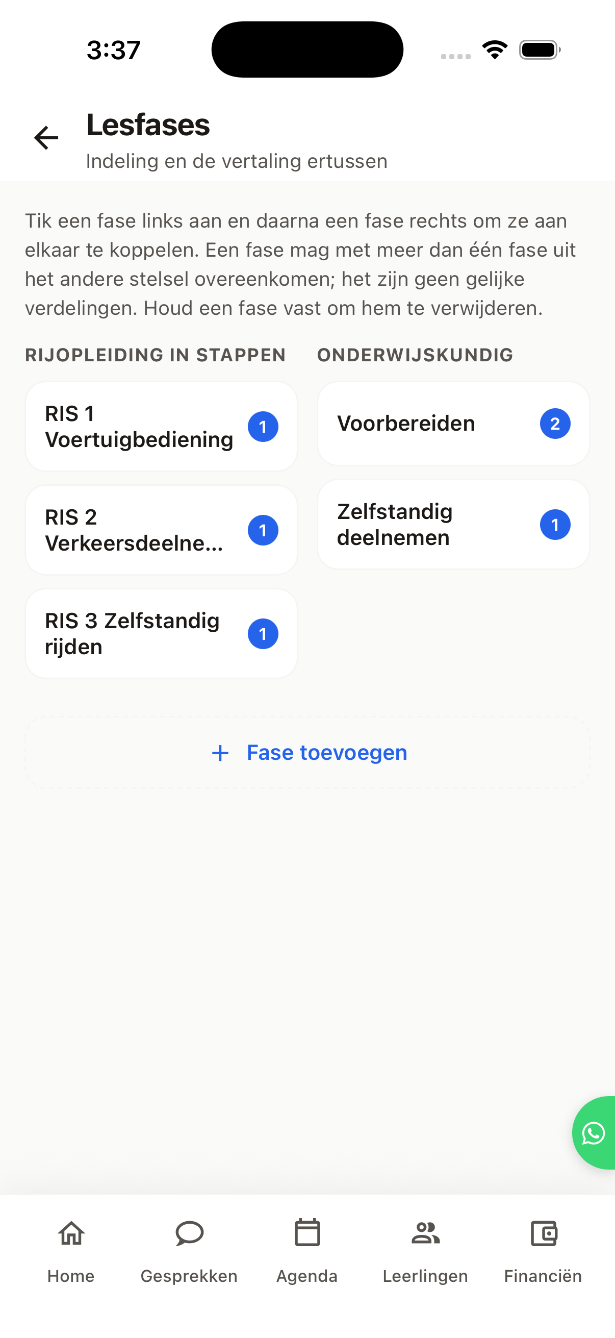 Rijopleiding in Stappen naast de onderwijskundige fases — leerlingvolgsysteem in de Ribba-app