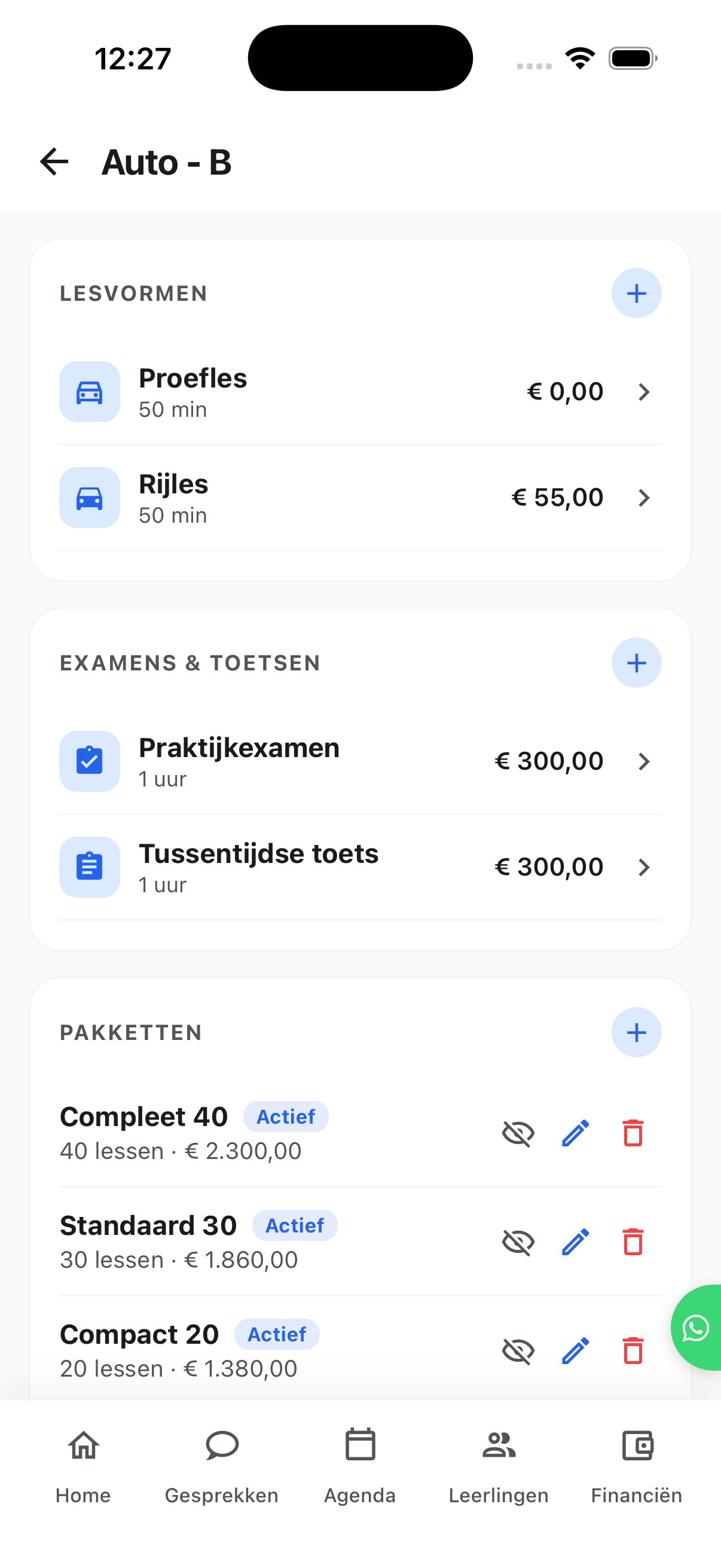 Lesvormen, examens en pakketprijzen — Ribba rijschool-app