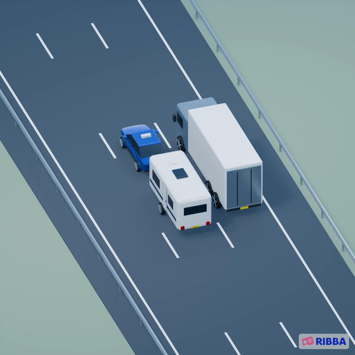 Blauwe auto met caravan houdt afstand achter een vrachtwagen, haalt via de middelste rijstrook in en keert met ruime afstand terug naar rechts. De meest linkse strook blijft ongebruikt.