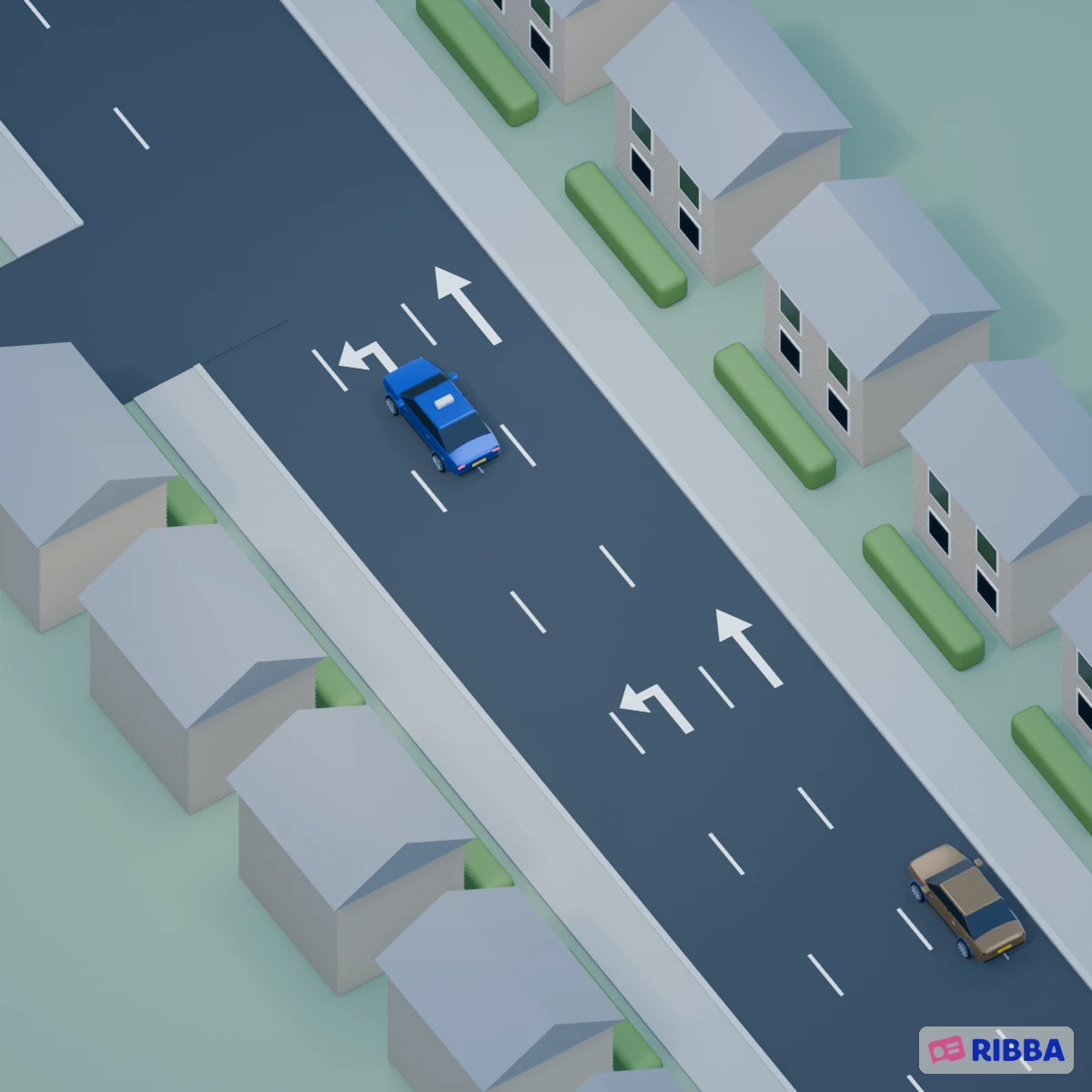 Blauwe lesauto beweegt naar de linkse voorsorteerstrook en wacht met knipperende richtingaanwijzer. Een koperkleurige auto rijdt rechts voorbij.
