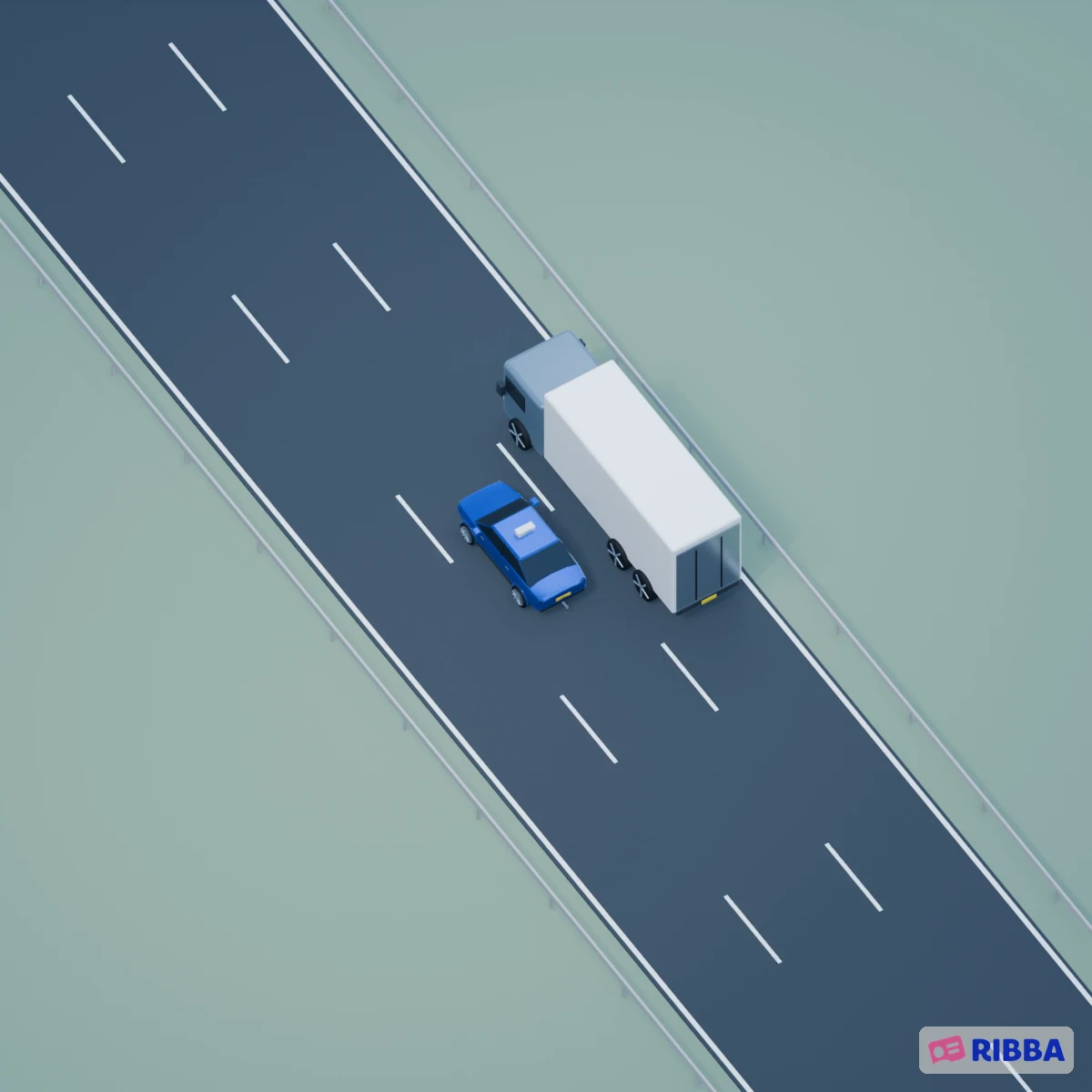 Blauwe auto haalt een vrachtwagen via de rijstrook links daarvan in en keert met voldoende ruimte terug naar rechts.