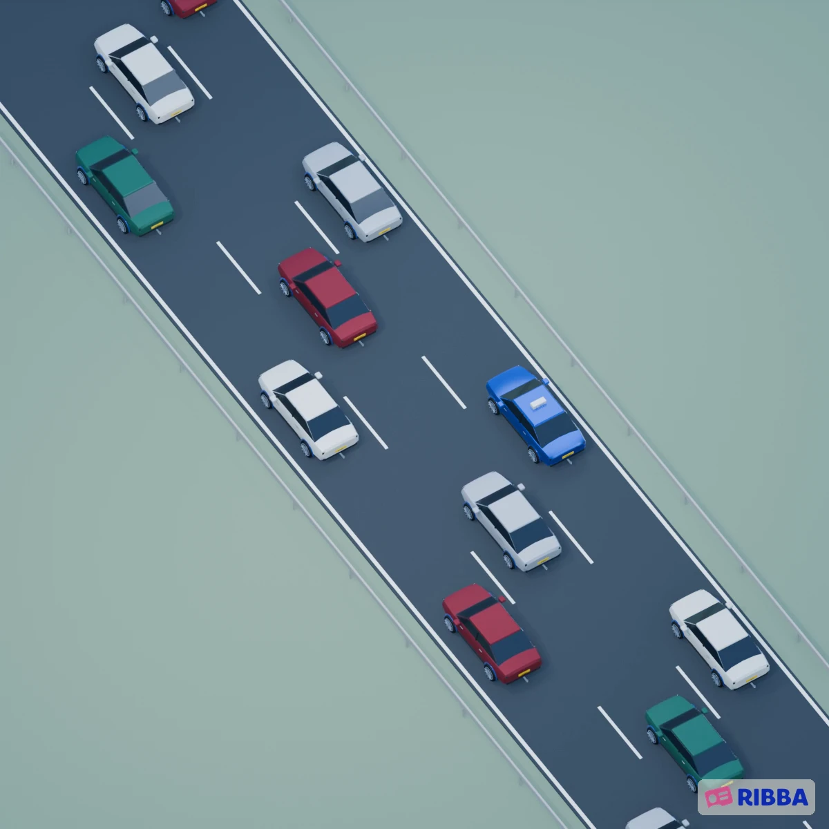 Drie rijen fileverkeer met verschillende autokleuren. De gemarkeerde blauwe auto rijdt in de rechterrij rustig voorbij de langzamere rijen links, zonder van rijstrook te wisselen.
