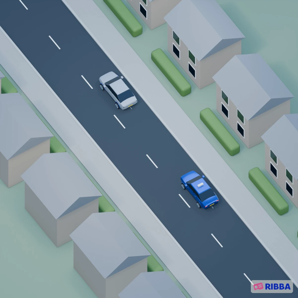 Blauwe lesauto remt op een rechte weg af en stopt ruim achter een stilstaande grijze auto met alarmlichten.