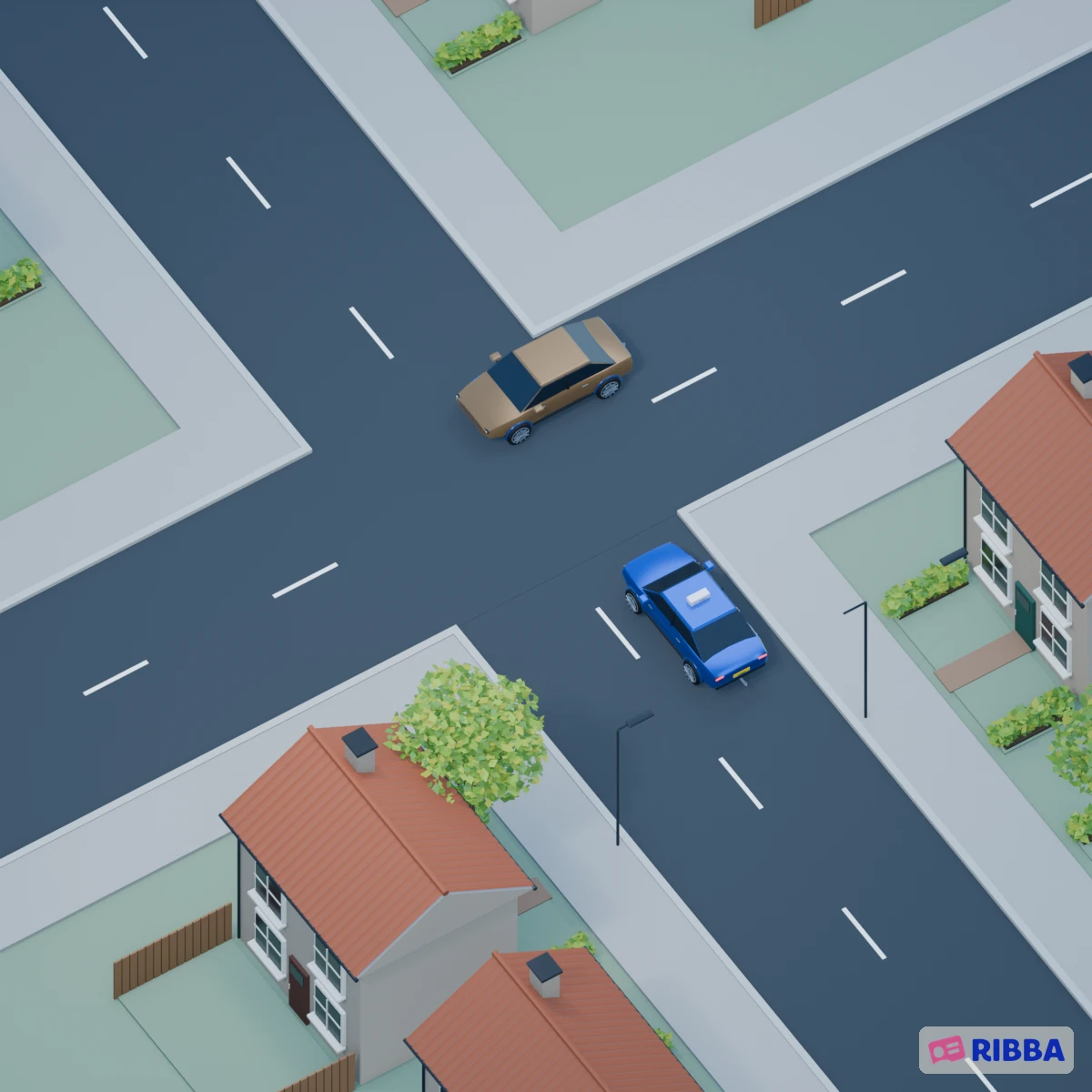 Rechts gaat voor op dit kruispunt. Volg de blauwe Ribba-lesauto.