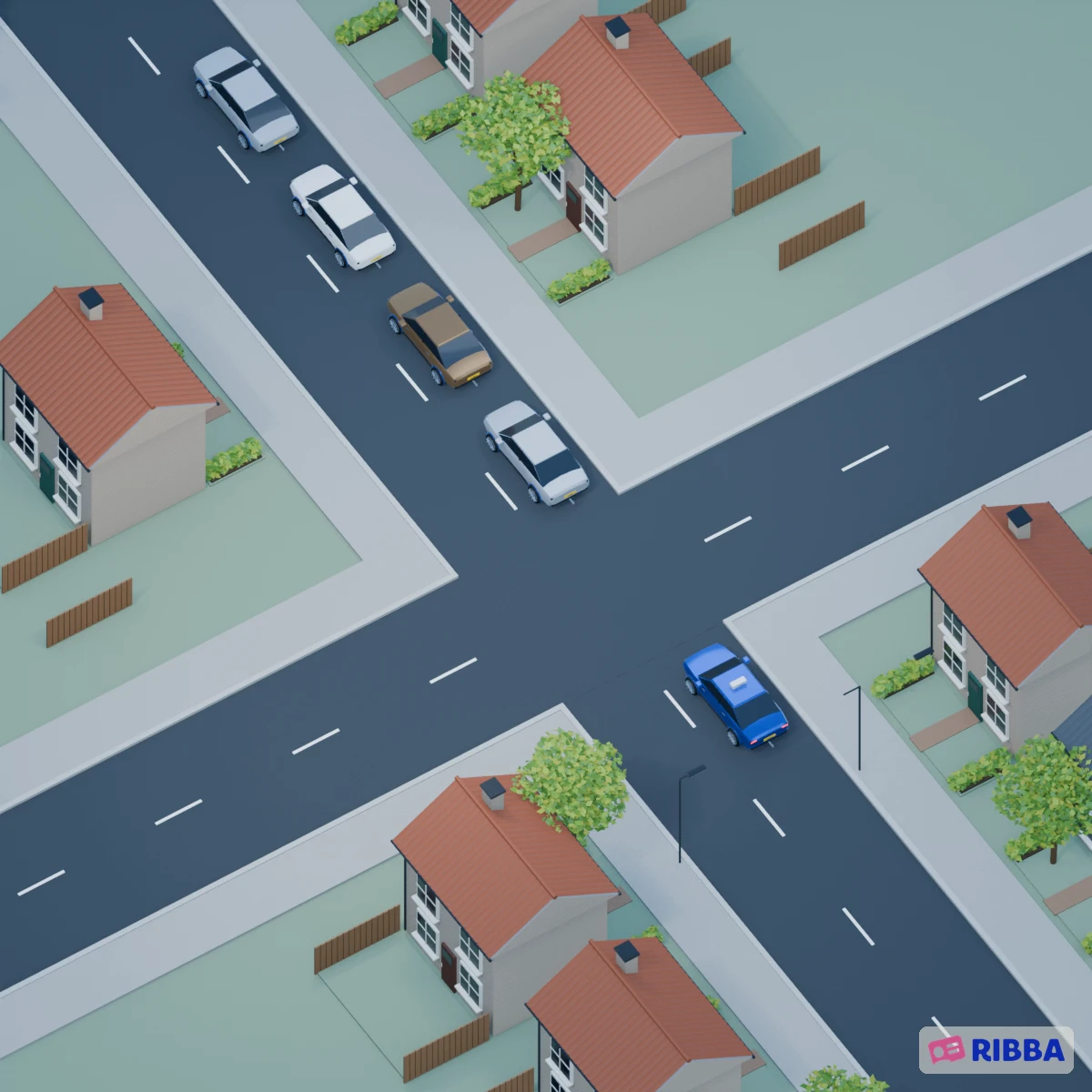 De lesauto nadert langzaam en blijft vóór het kruispunt staan. Aan de overkant staat een rij auto’s; er is geen ruimte om het kruispunt vrij te maken.