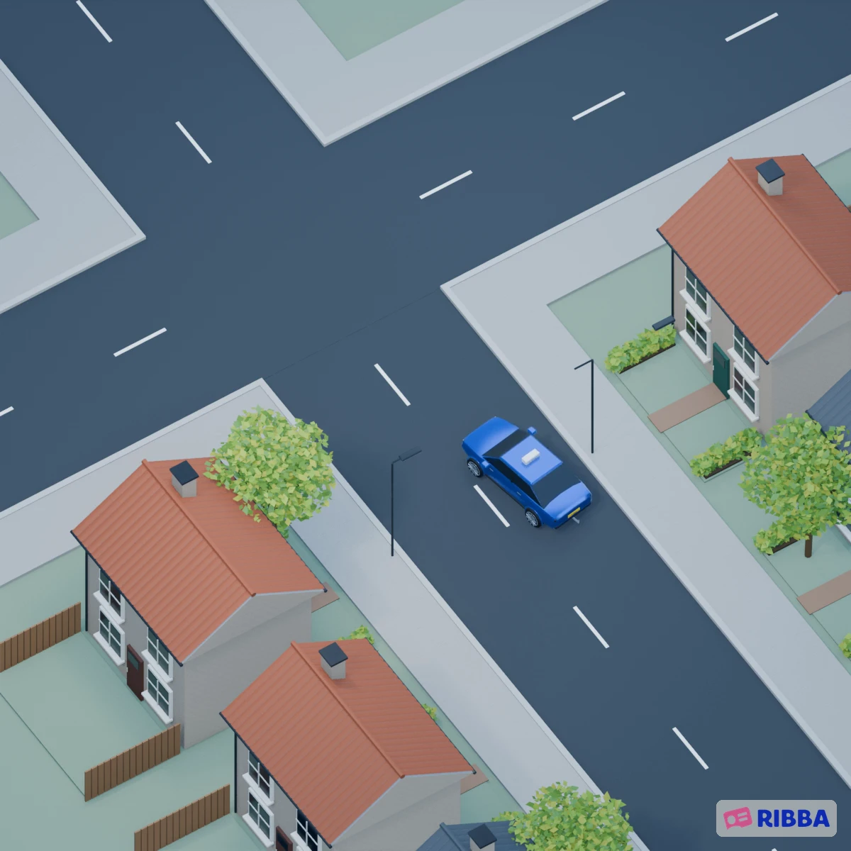 De blauwe Ribba-lesauto rijdt eerst rechtuit, knippert naar links en stuurt tijdens het vooruitrijden rustig naar de wegas. Daarna staat hij recht op zijn eigen weghelft.