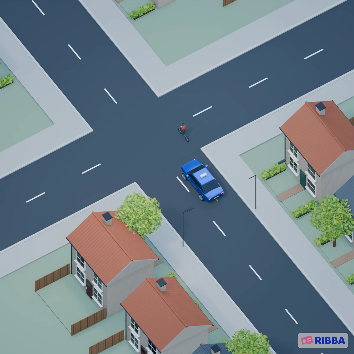 De blauwe Ribba-lesauto wacht met de rechter richtingaanwijzer aan. Een fietser rijdt rechts langs de lesauto rechtdoor over het kruispunt.