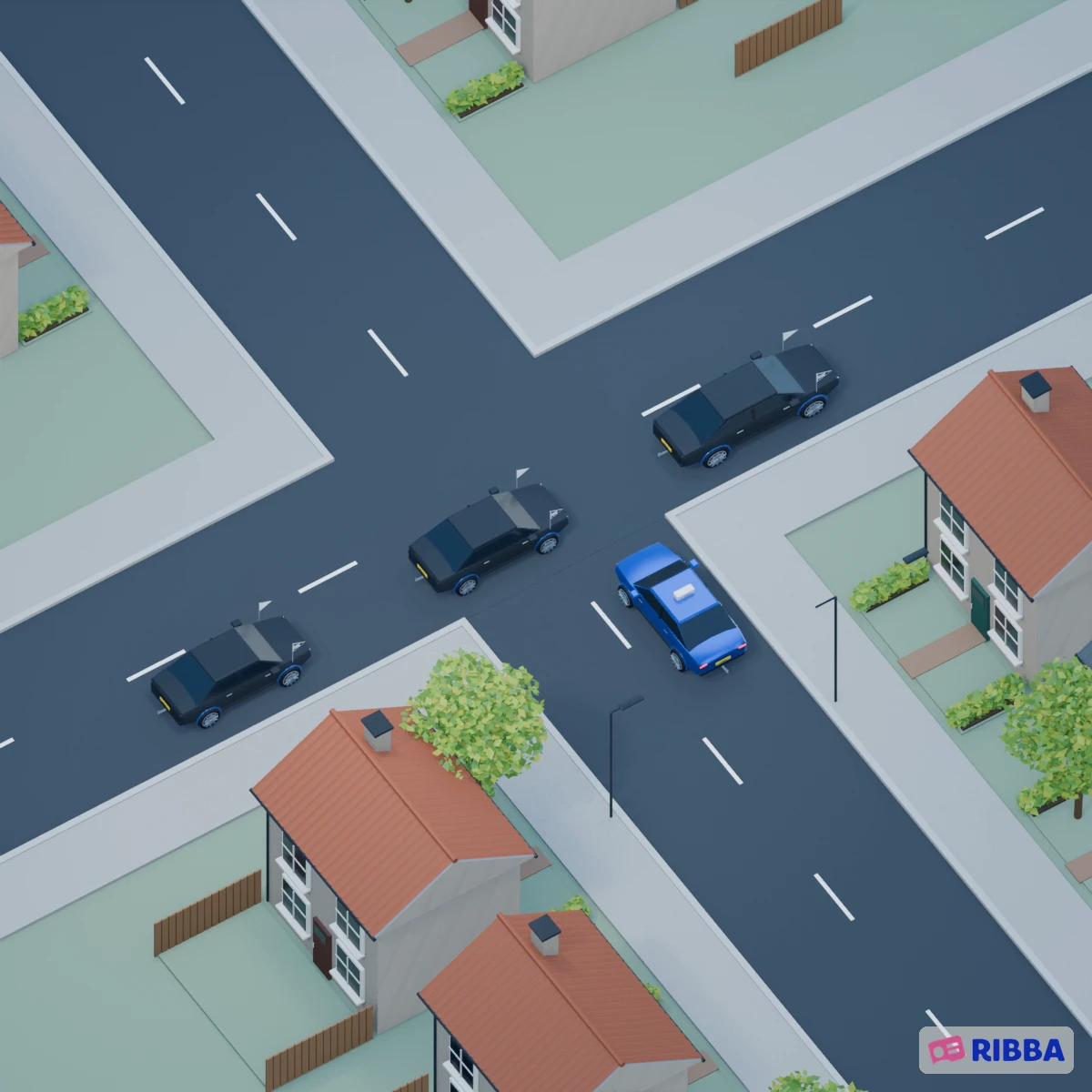 Een rouwauto en twee volgauto’s met herkenbare uitvaartvlaggen rijden over het kruispunt. De blauwe Ribba-lesauto wacht totdat de hele stoet voorbij is.