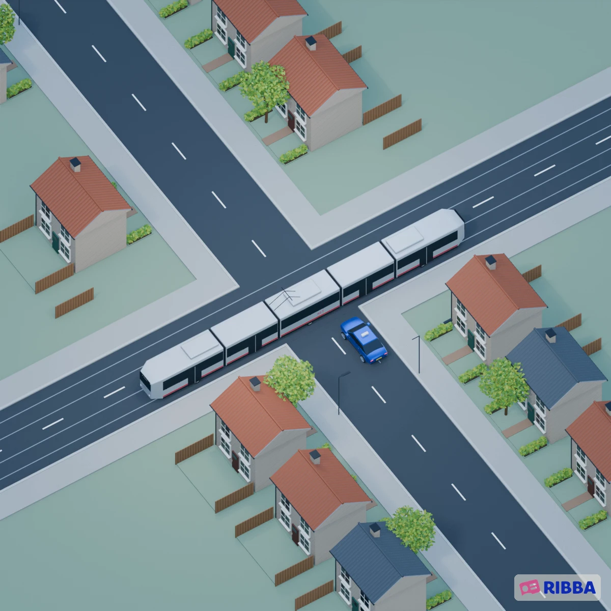 Een Rotterdamse RET-tram met vier instapdeuren rijdt van links naar rechts. De blauwe Ribba-lesauto wacht vóór het gelijkwaardige kruispunt.