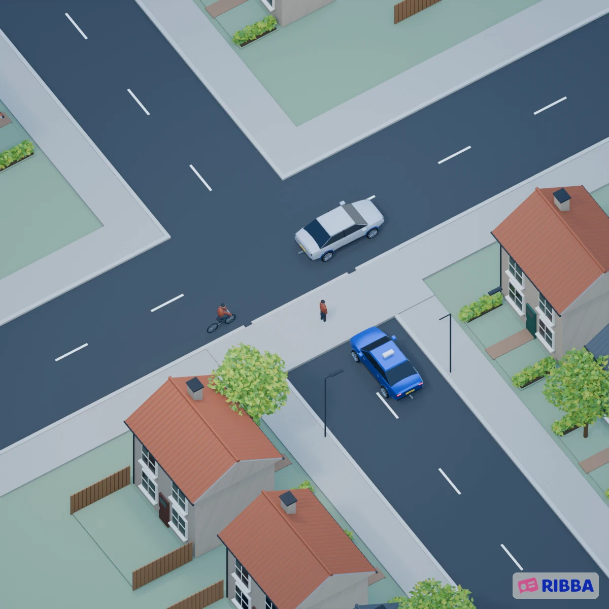 De lesauto wacht voor een uitrit. Een auto en fietser passeren op de rijbaan en een voetganger loopt over het doorlopende trottoir. Pas daarna rijdt de lesauto voorzichtig naar voren.