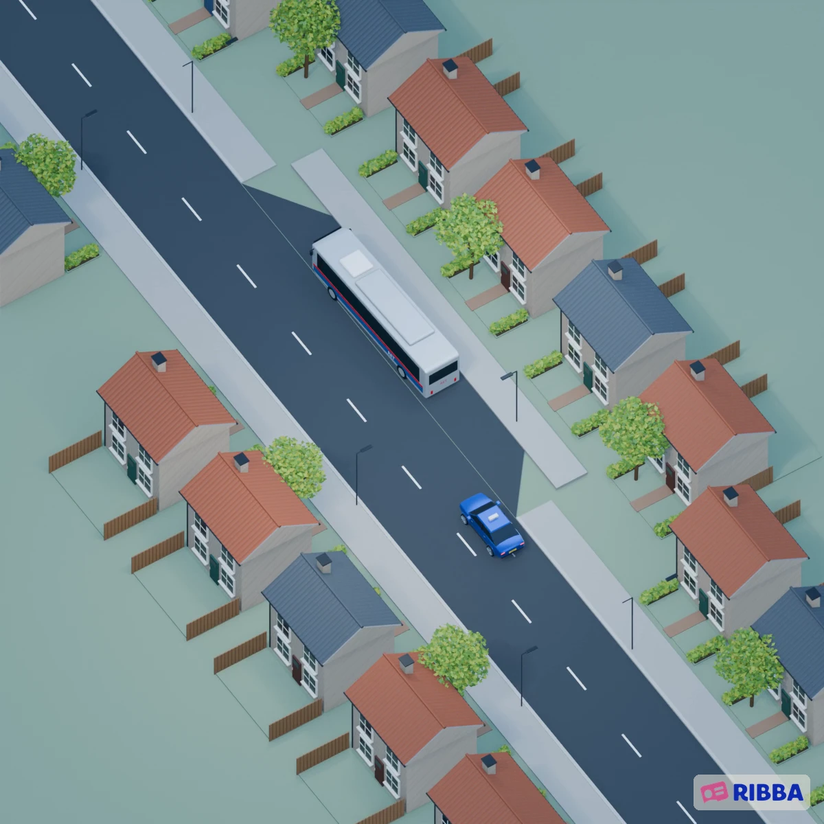 De bus staat in een haltehaven naast de rijbaan. De blauwe lesauto komt aanrijden en remt als de bus links richting aangeeft. De auto wacht, laat de bus wegrijden en volgt daarna op afstand.