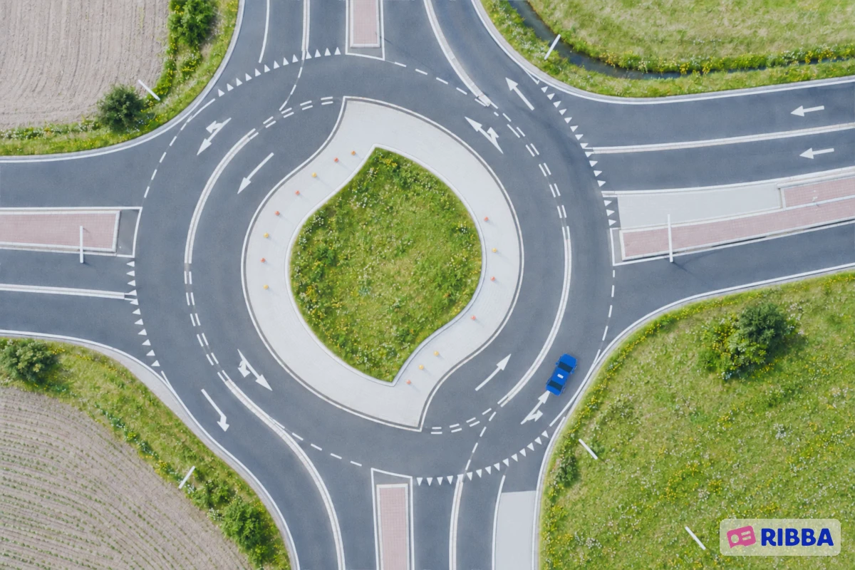 Een turborotonde van boven, met verspringend middeneiland en spiraalvormige rijstroken. De blauwe lesauto nadert op de rechterstrook van de onderste aanrit en volgt deze naar de eerste afslag rechts.