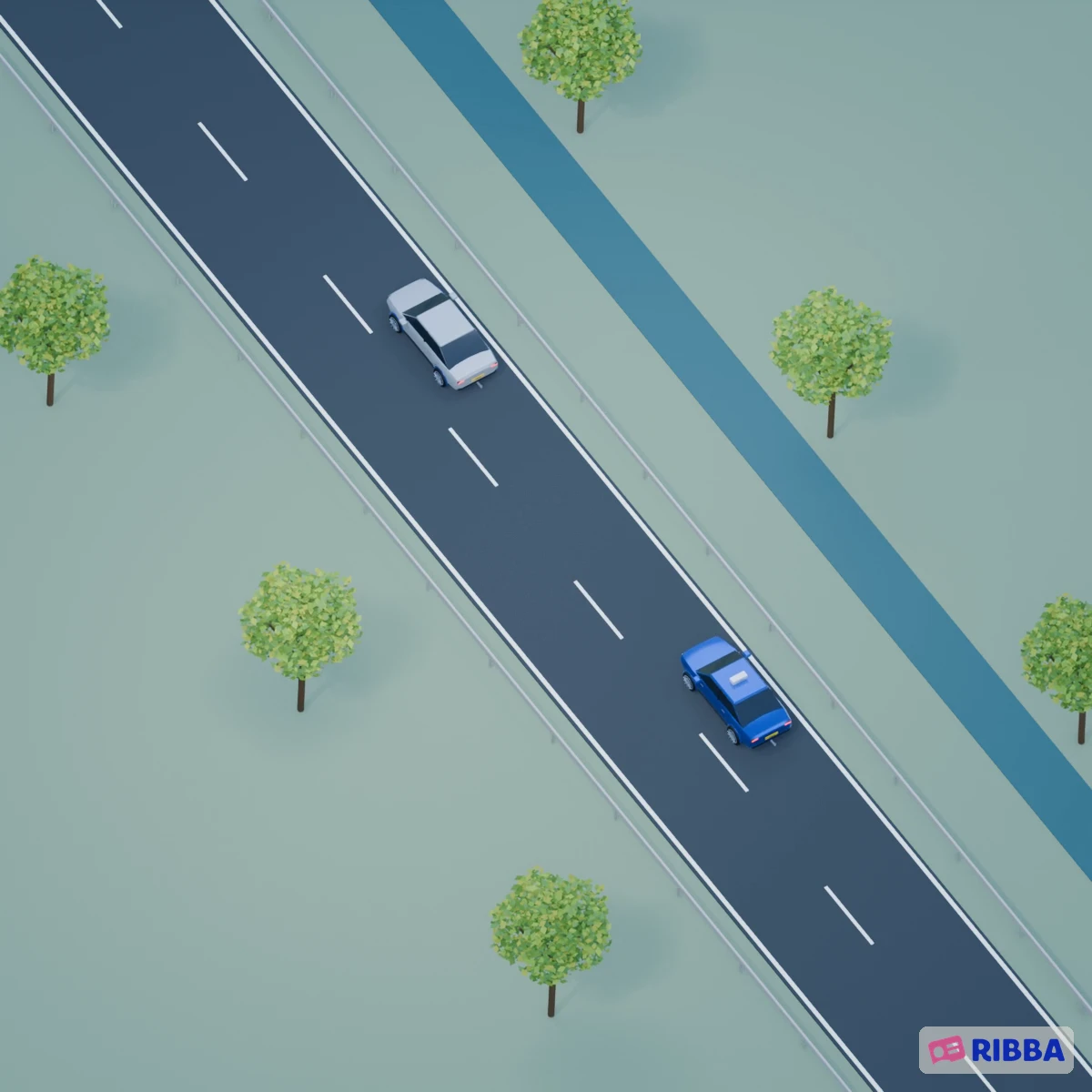 Twee auto’s op dezelfde rijstrook; de blauwe lesauto remt mee met zijn voorligger.