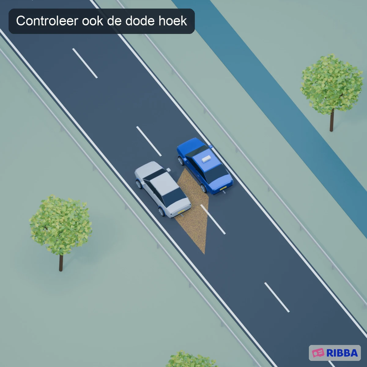 Een grijze auto haalt de lesauto links in; een transparant gemarkeerd gebied toont de dode hoek, zonder beeldpauze.