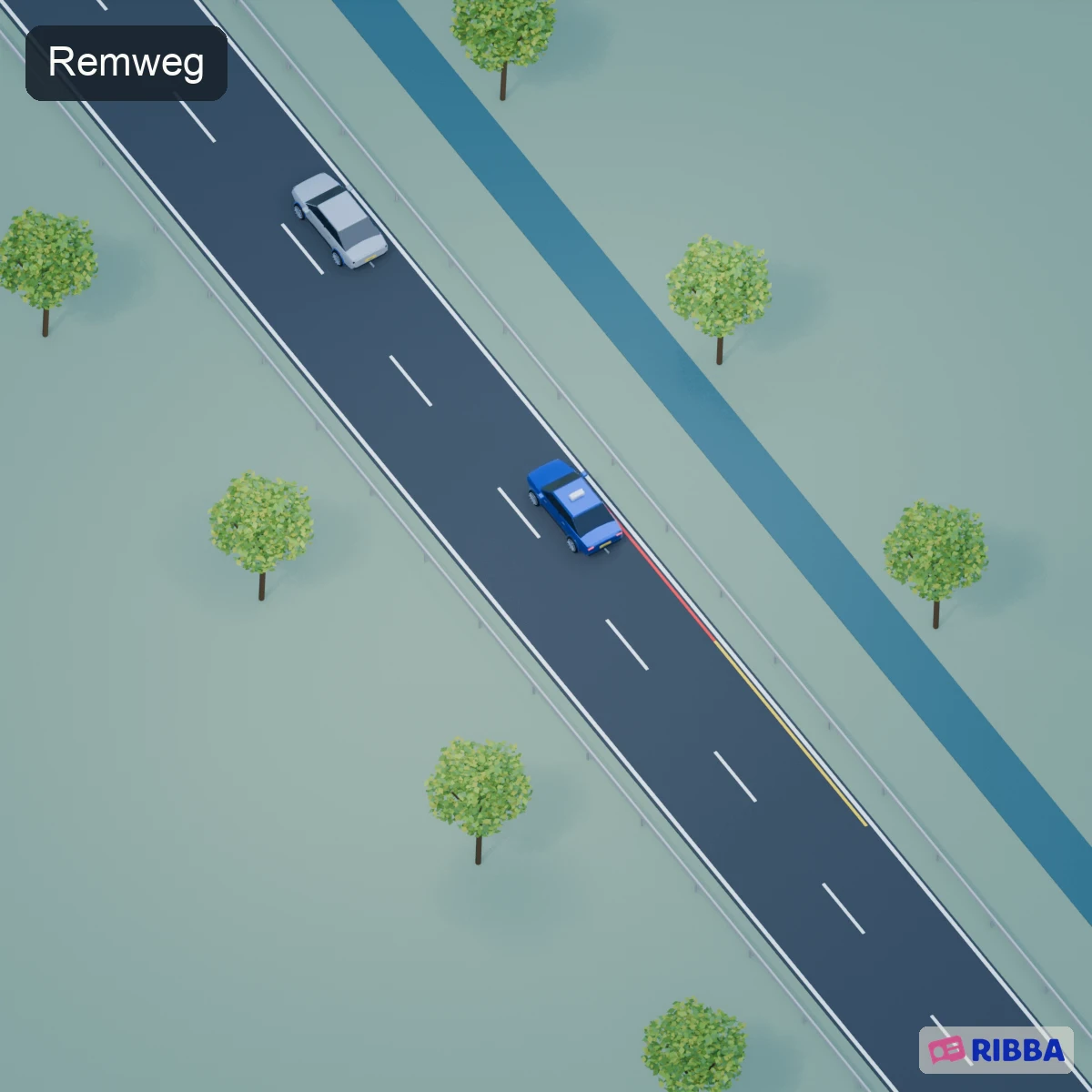 De lesauto nadert een stilstaand voertuig; de reactieafstand wordt geel gemarkeerd en de remweg rood.