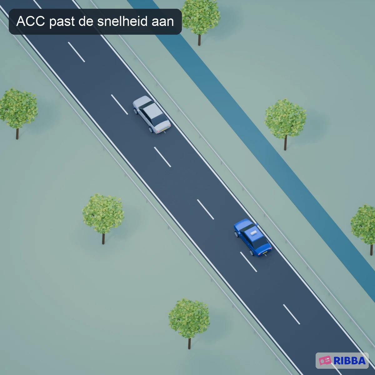 Een lesauto vertraagt achter een langzamer rijdende voorligger.