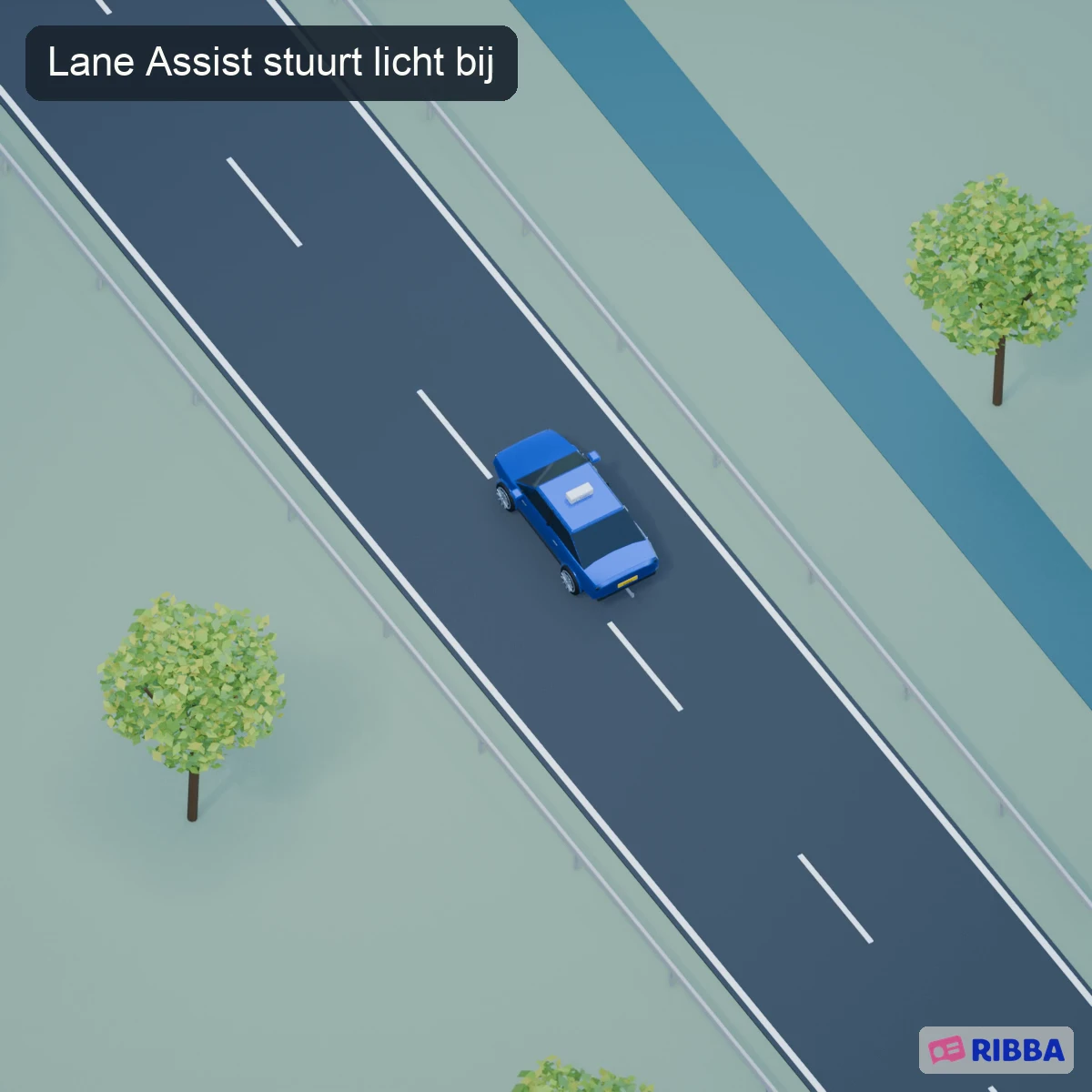 De lesauto nadert een rijstrooklijn en keert geleidelijk terug naar het midden van zijn strook.