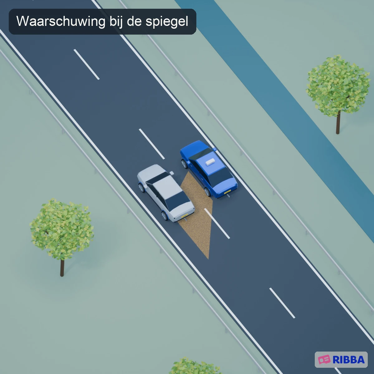 Een grijze auto haalt de lesauto in. De dode hoek en het waarschuwingslicht bij de linkerspiegel worden tijdens het rijden zichtbaar.
