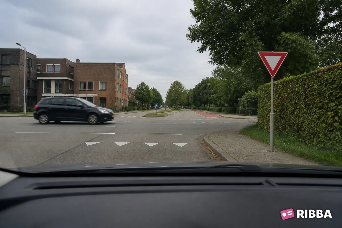 Bord B6 Verleen voorrang aan bestuurders op de kruisende weg langs een Nederlandse weg
