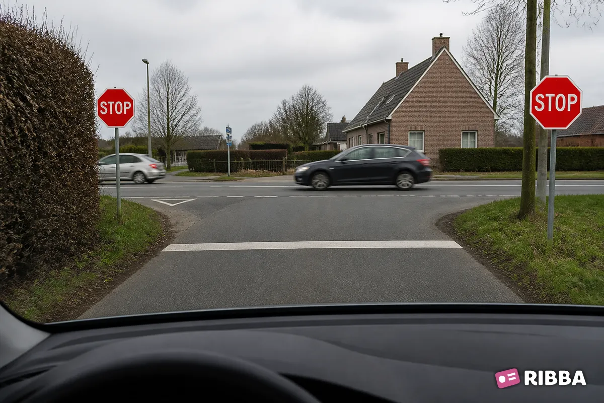 Bord B7 Stop; verleen voorrang aan bestuurders op de kruisende weg langs een Nederlandse weg
