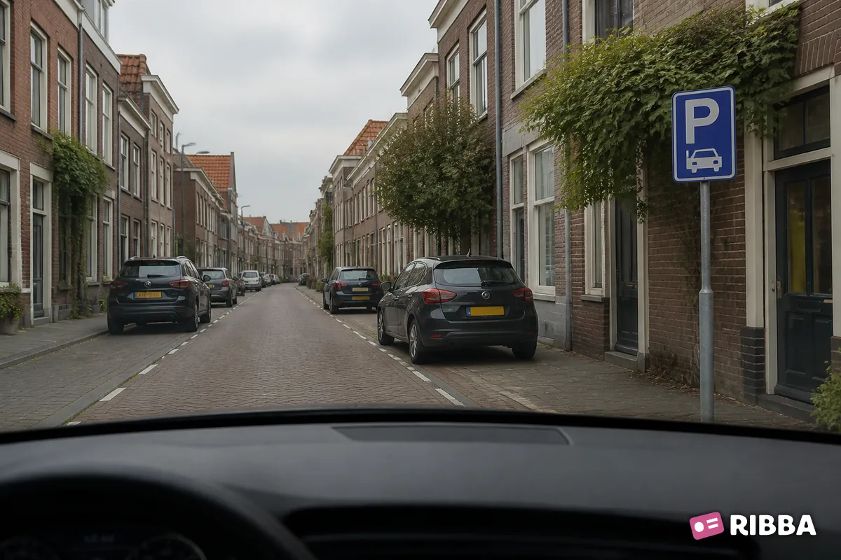 Bord E8b Parkeergelegenheid voor het parkeren met twee wielen op het trottoir langs een Nederlandse weg