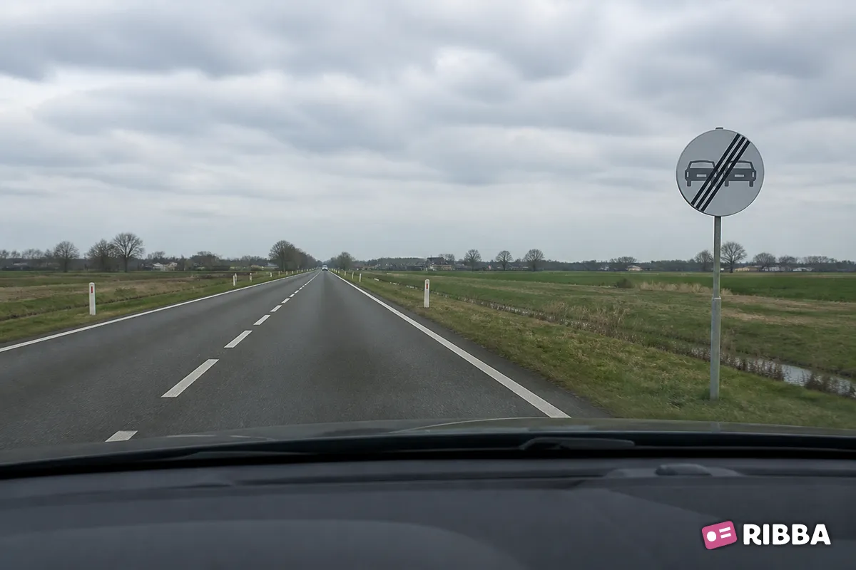 Bord F2 Einde verbod voor motorvoertuigen om elkaar onderling in te halen langs een Nederlandse weg