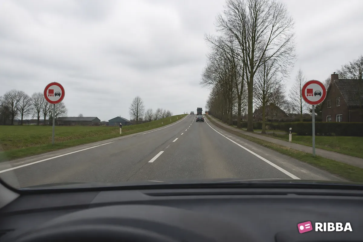 Bord F3 Verbod voor vrachtauto's om motorvoertuigen in te halen langs een Nederlandse weg