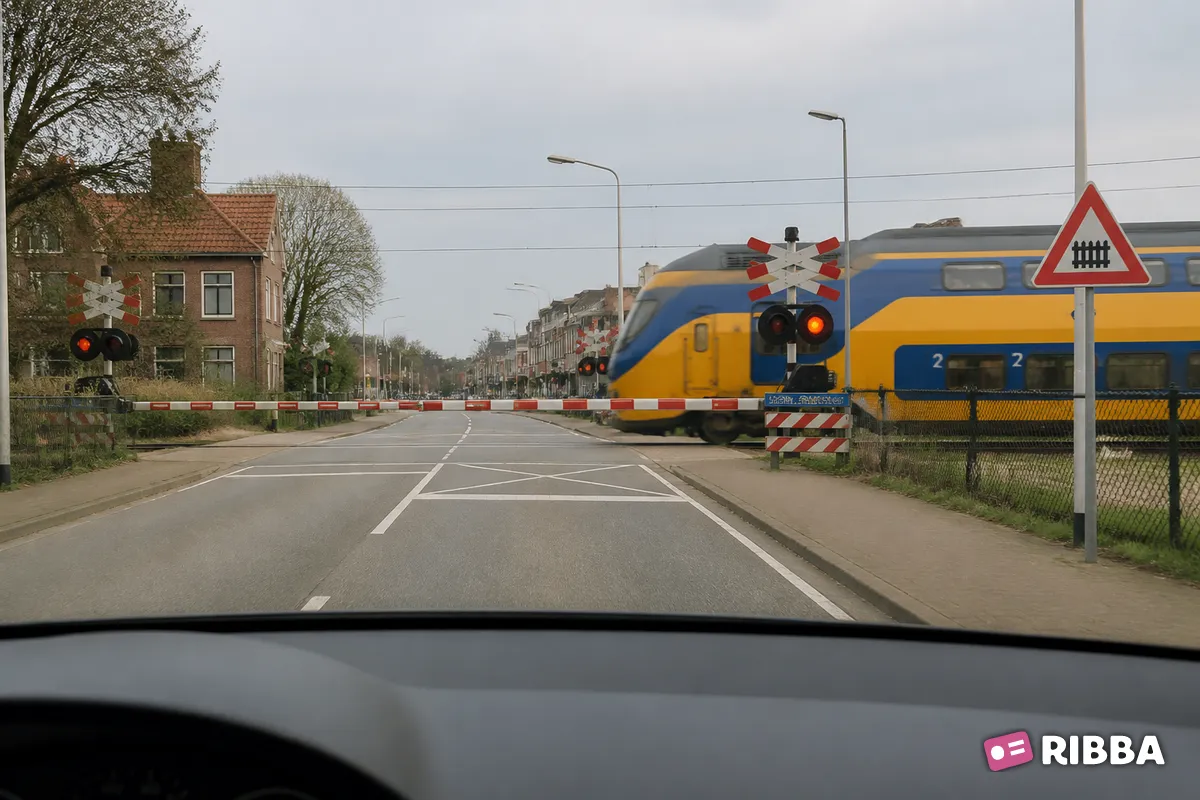 Bord J10 Overweg met slagbomen langs een Nederlandse weg
