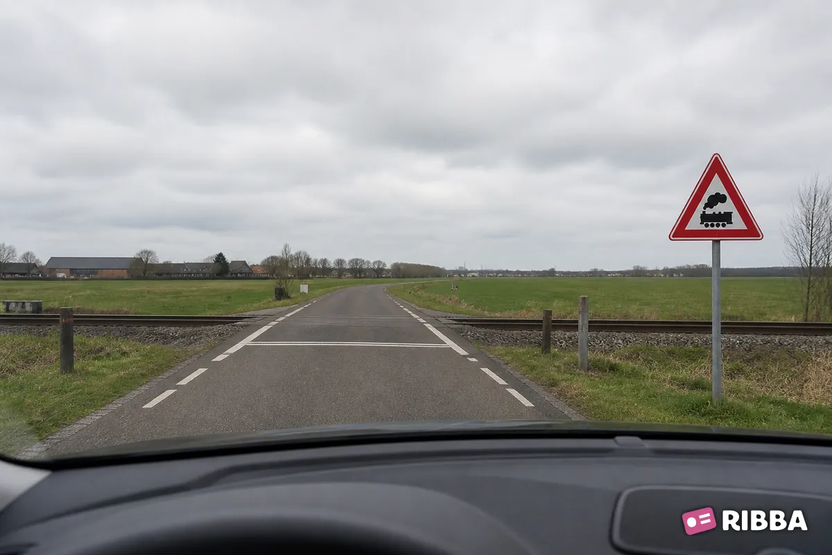 Bord J11 Overweg zonder slagbomen langs een Nederlandse weg