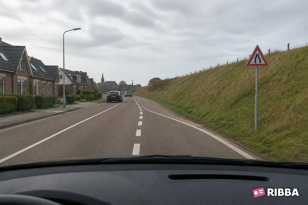 Bord J18 Rijbaanversmalling rechts langs een Nederlandse weg