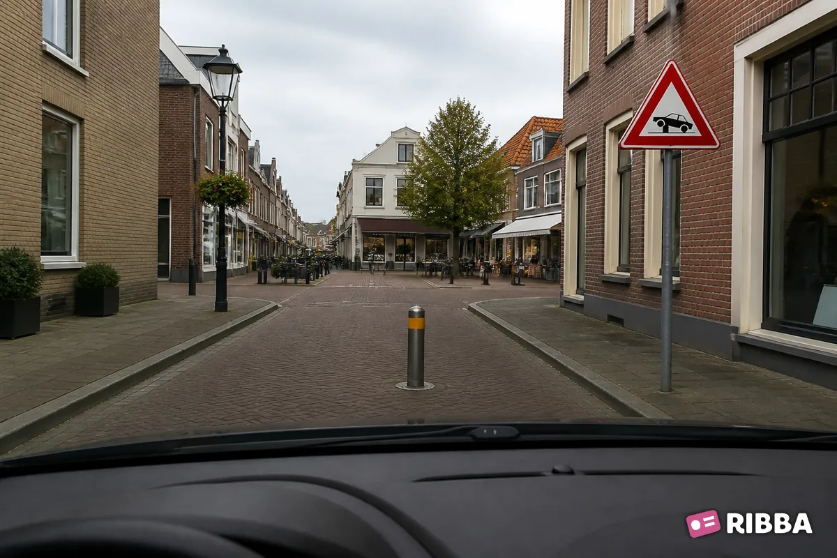 Bord J39 Waarschuwing voor elektrische in- en uitschuifbare paal in de rijbaan (poller) waarmee toegankelijkheid van straten en gebieden kan worden geregeld. langs een Nederlandse weg