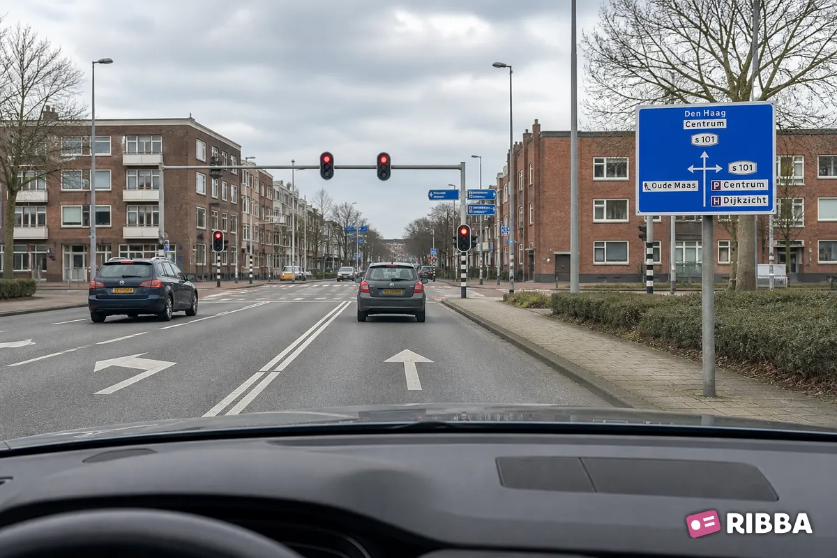 Bord K10 Voorwegwijzer binnen de bebouwde kom met interlokaal doel, lokaal doel, een dagrecreatiecentrum, objecten en stadsroutenummers langs een Nederlandse weg