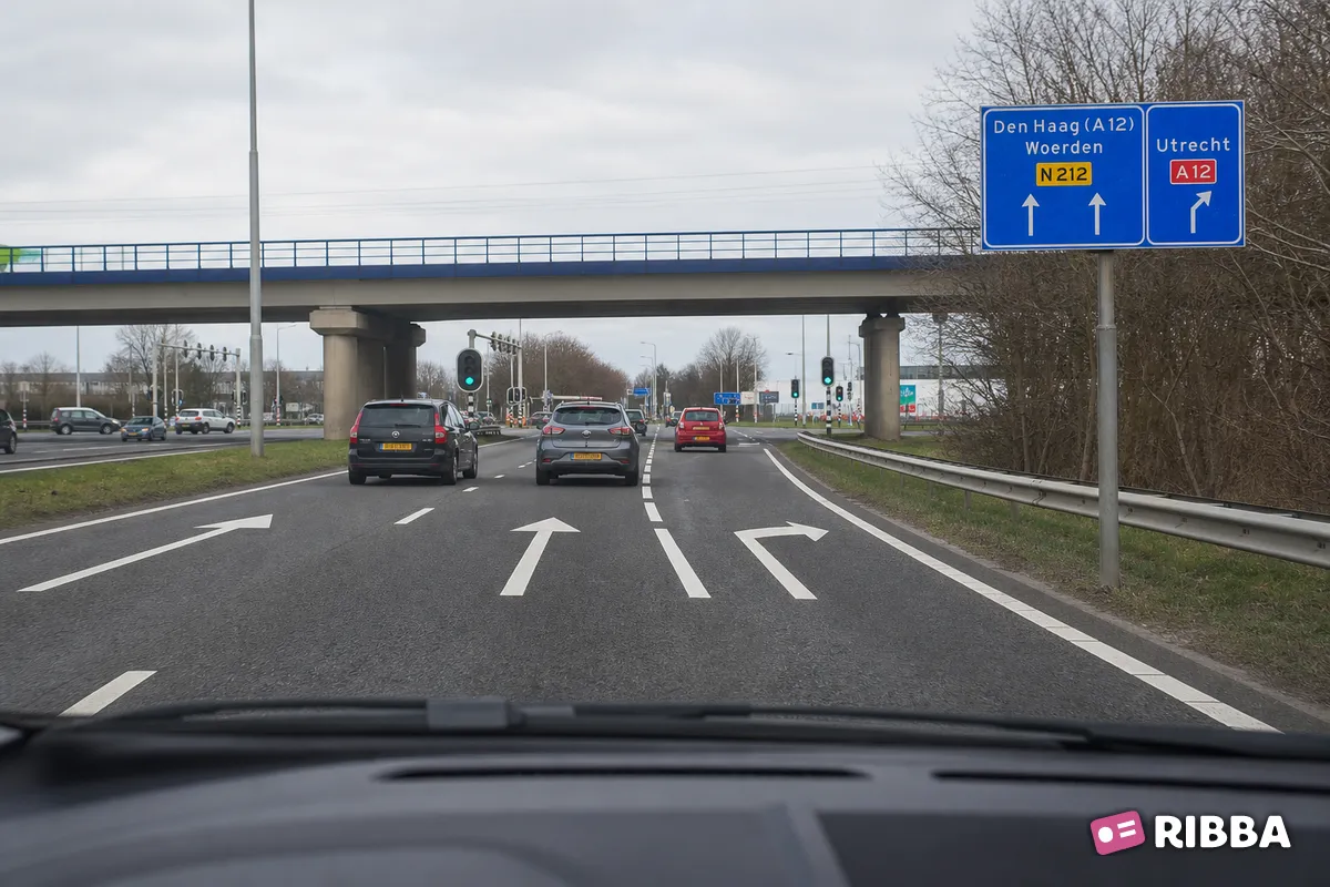 Bord K11 Voorsorteren op niet-autosnelweg. Bord met interlokale doelen, routenummers en verwijzing naar autosnelweg langs een Nederlandse weg